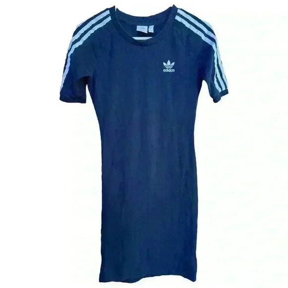 Adidas Originals 3 Stripe Bodycon Stretch Tee Shirt Dress Navy Size Small - Picture 4 of 11